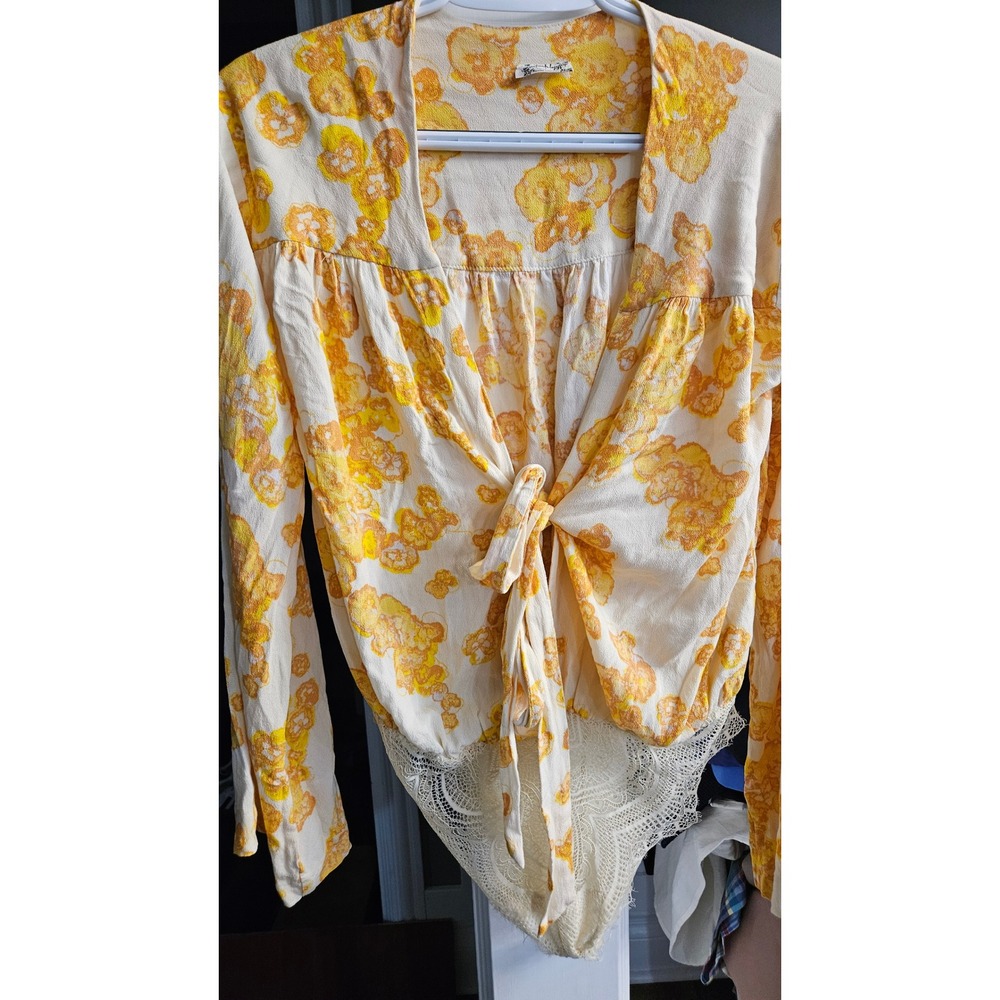 Boho Intimately Free People Floral Gauze balletcore Bodysuit with Lace Tie Front